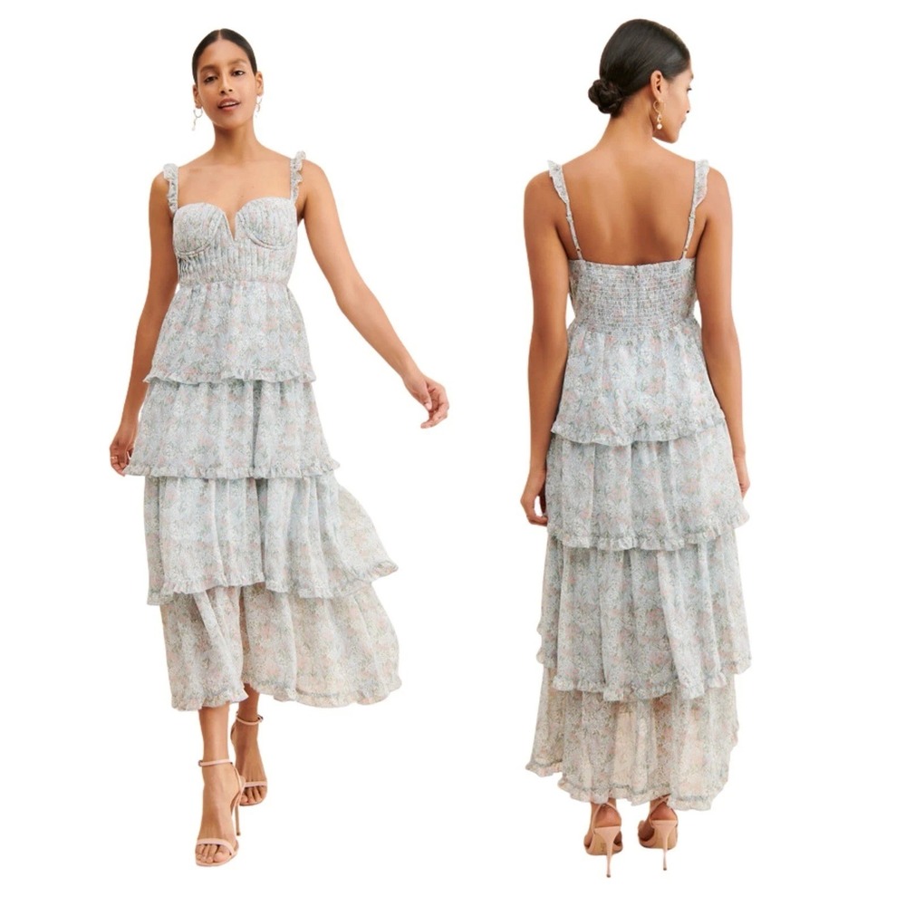 ASTR Tiered Maxi Dress Size XL Blue Floral Romantic Ruffle Boho Summer - Picture 8 of 8